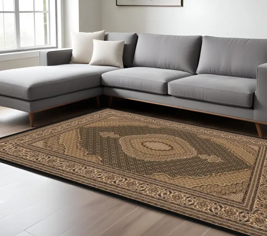 Beige and Black Medallion Power Loom Area Rug Photo 1