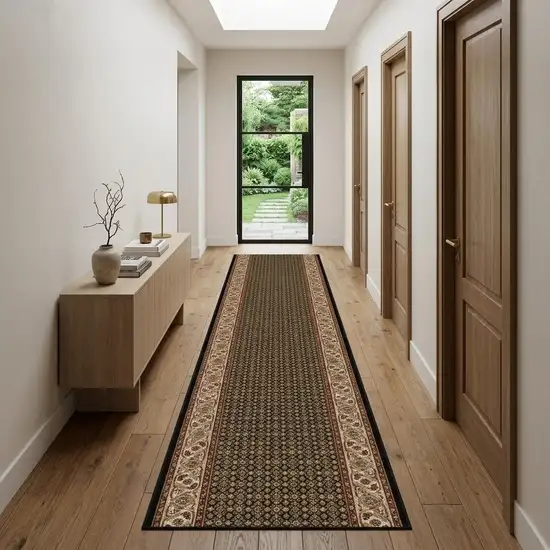 13' Beige And Black Medallion Runner Rug Photo 1