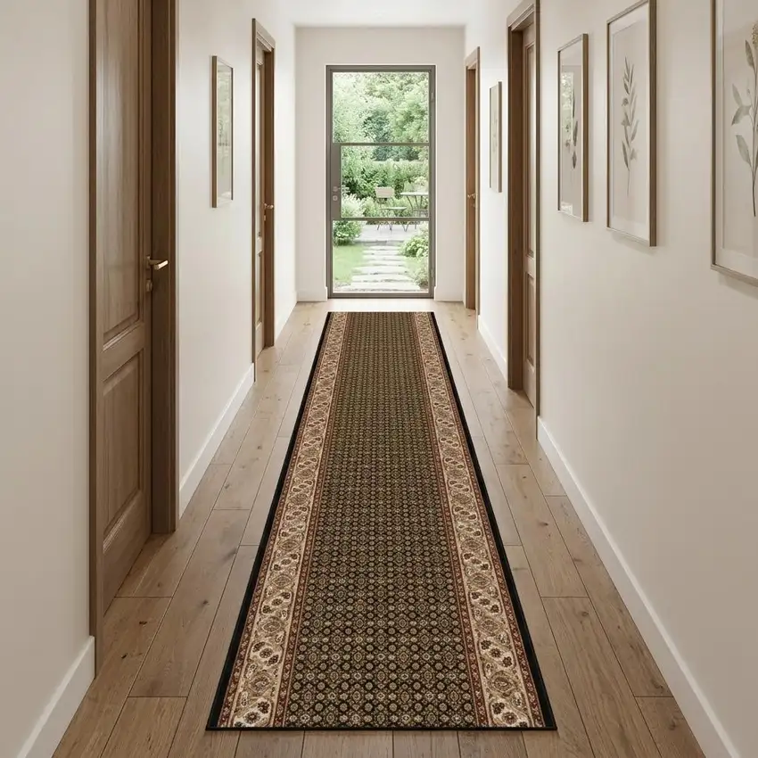 15' Beige And Black Medallion Runner Rug Photo 1
