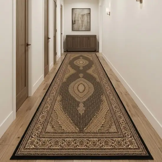 20' Beige And Black Medallion Runner Rug Photo 1
