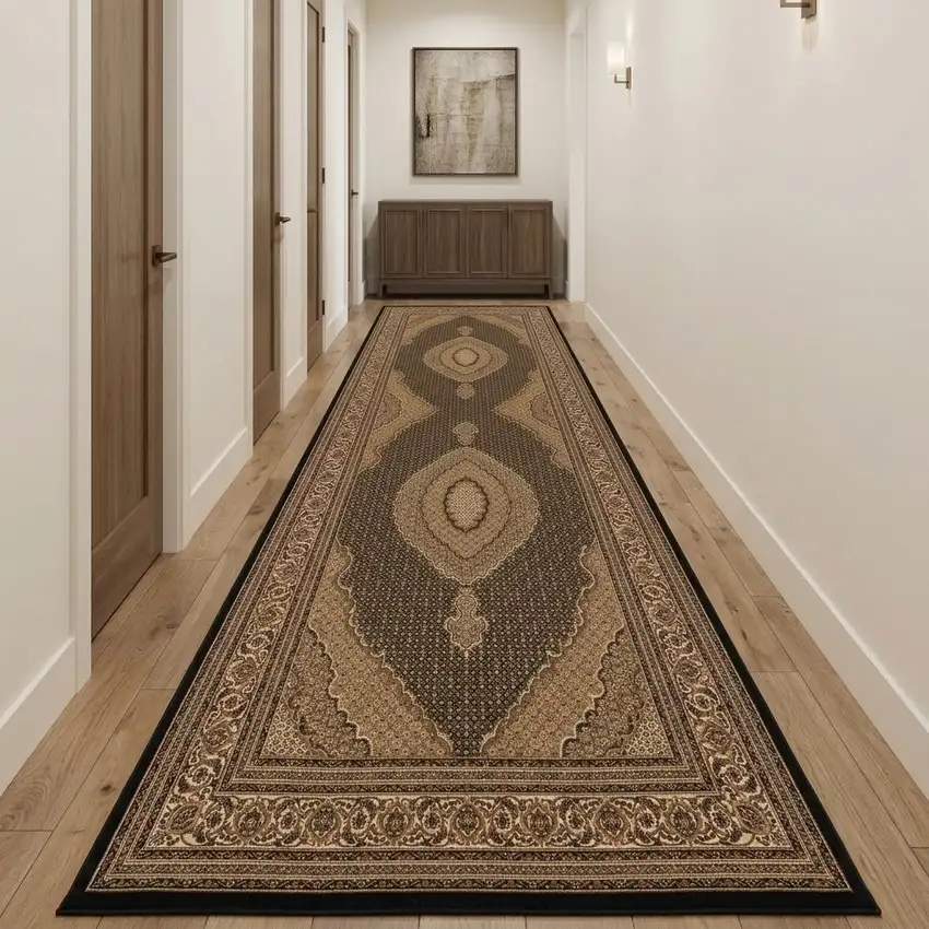 20' Beige And Black Medallion Runner Rug Photo 1