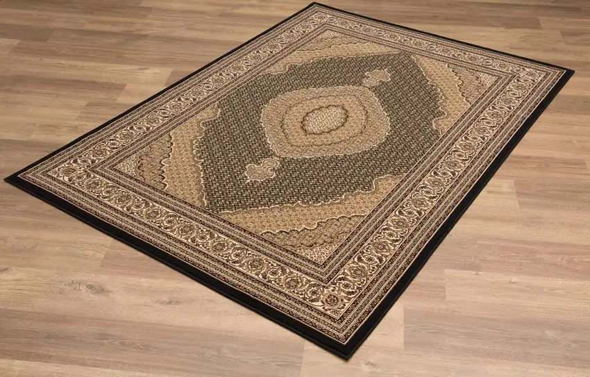 Black and Beige Medallion Runner Rug Photo 9