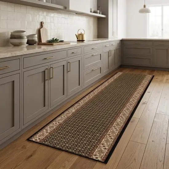 8' Beige And Black Medallion Runner Rug Photo 1