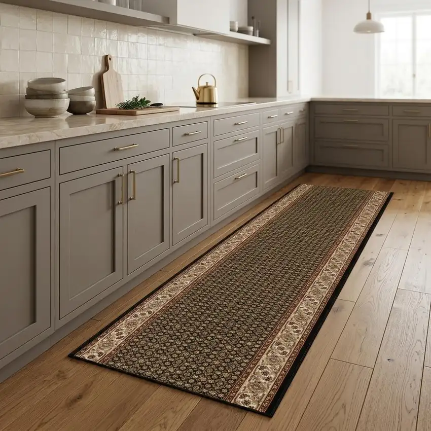 8' Beige And Black Medallion Runner Rug Photo 1