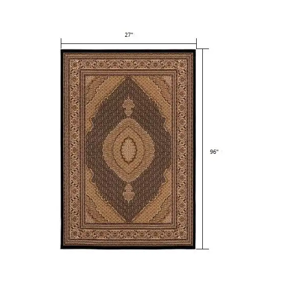 8' Beige And Black Medallion Runner Rug Photo 6