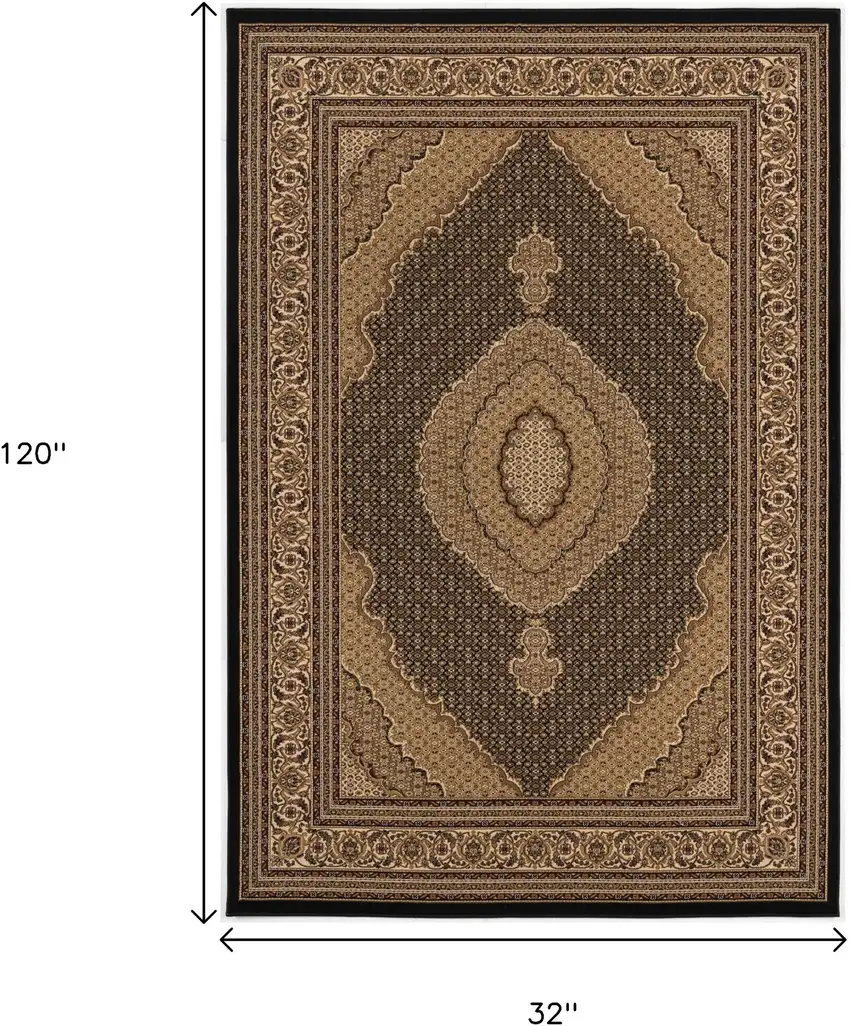 10' Beige And Black Medallion Runner Rug Photo 3