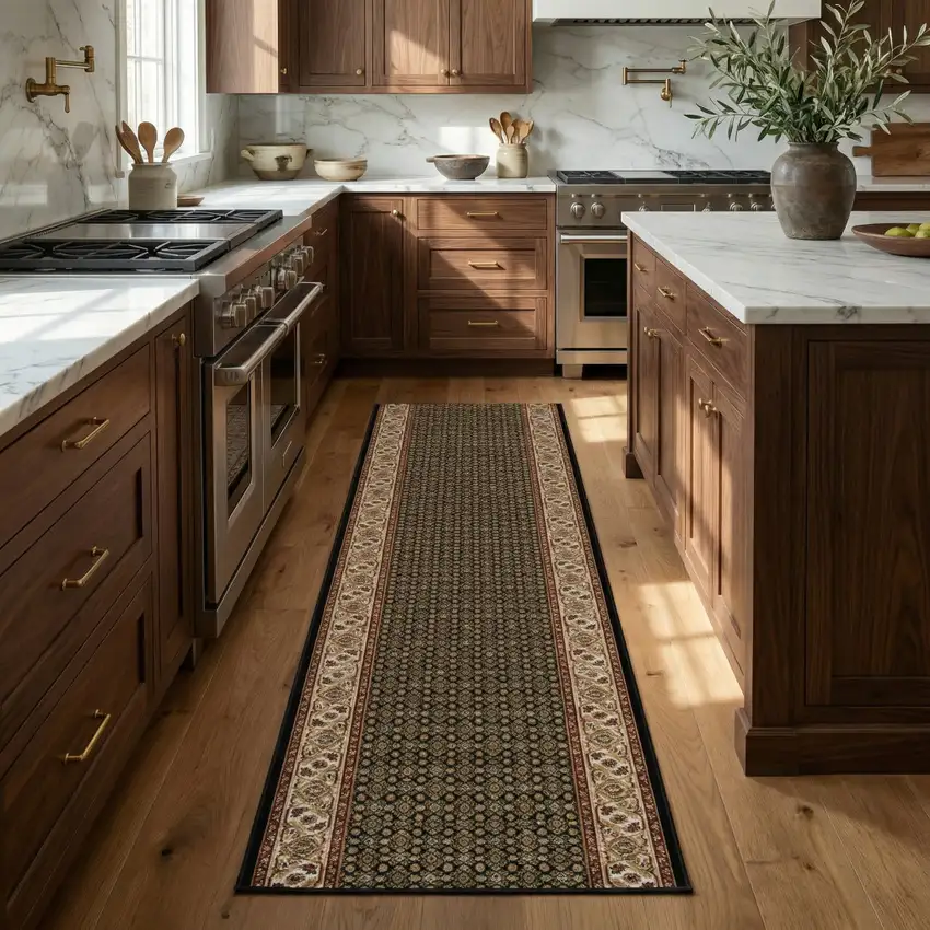 13' Beige And Black Medallion Runner Rug Photo 5