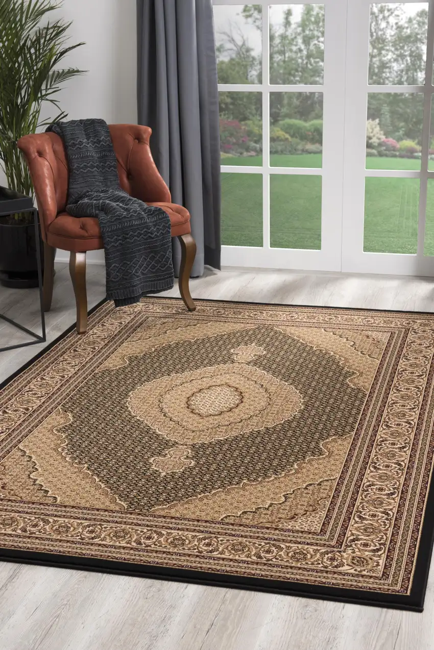 Black and Beige Medallion Runner Rug Photo 11