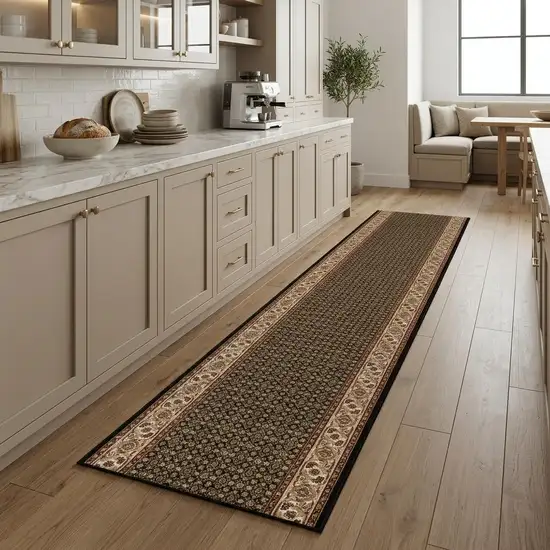 8' Beige And Black Medallion Runner Rug Photo 1