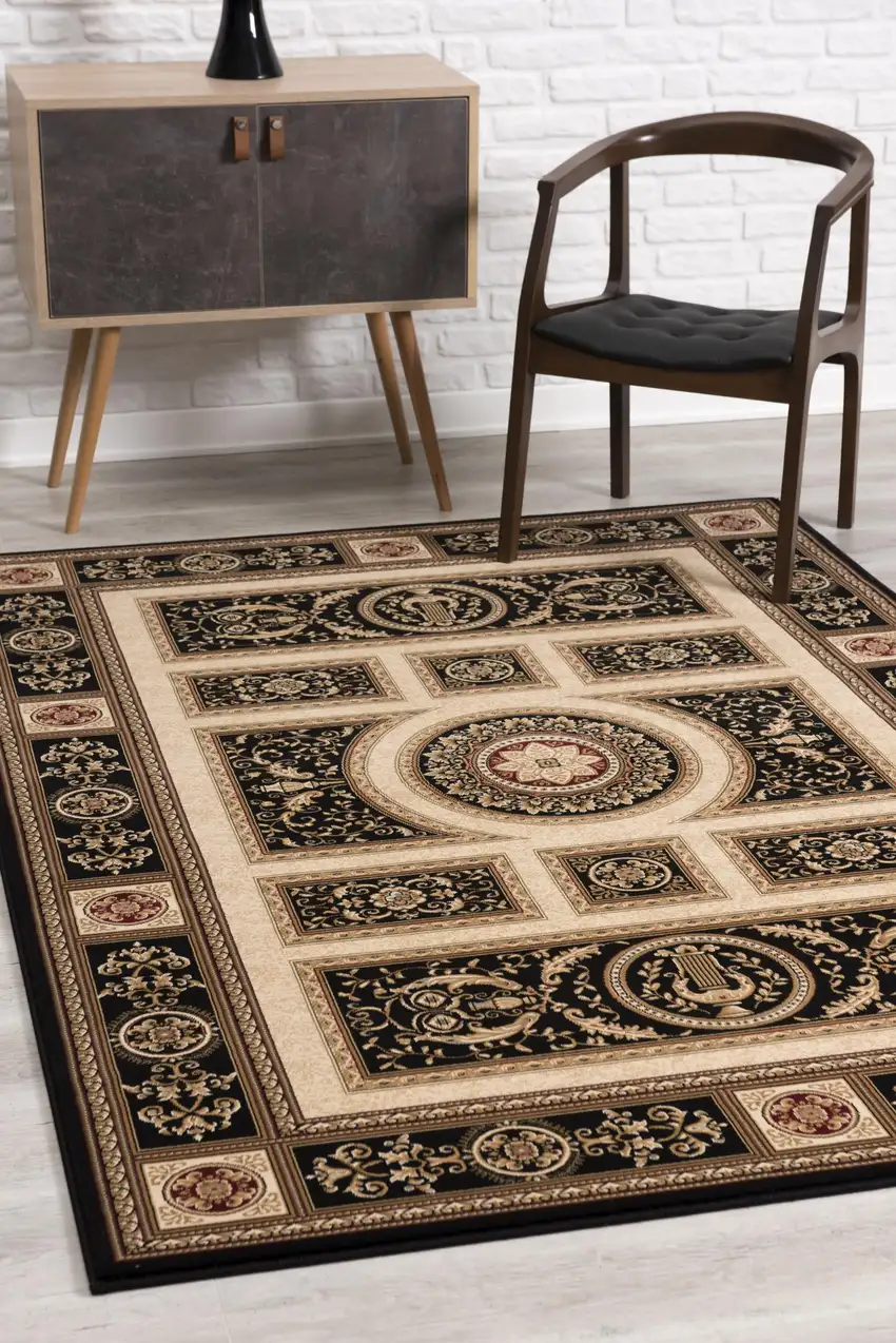 Black and Beige Traditional Geometric Area Rug Photo 4