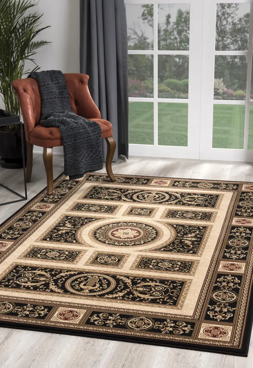 Black and Beige Traditional Geometric Area Rug Photo 6