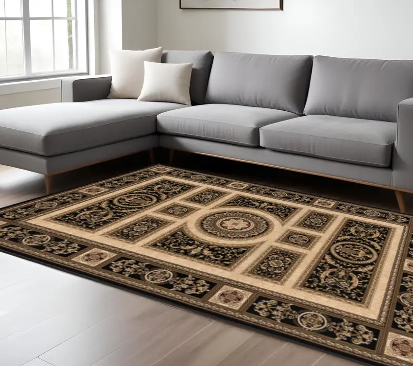 Beige and Black Oriental Power Loom Area Rug Photo 1