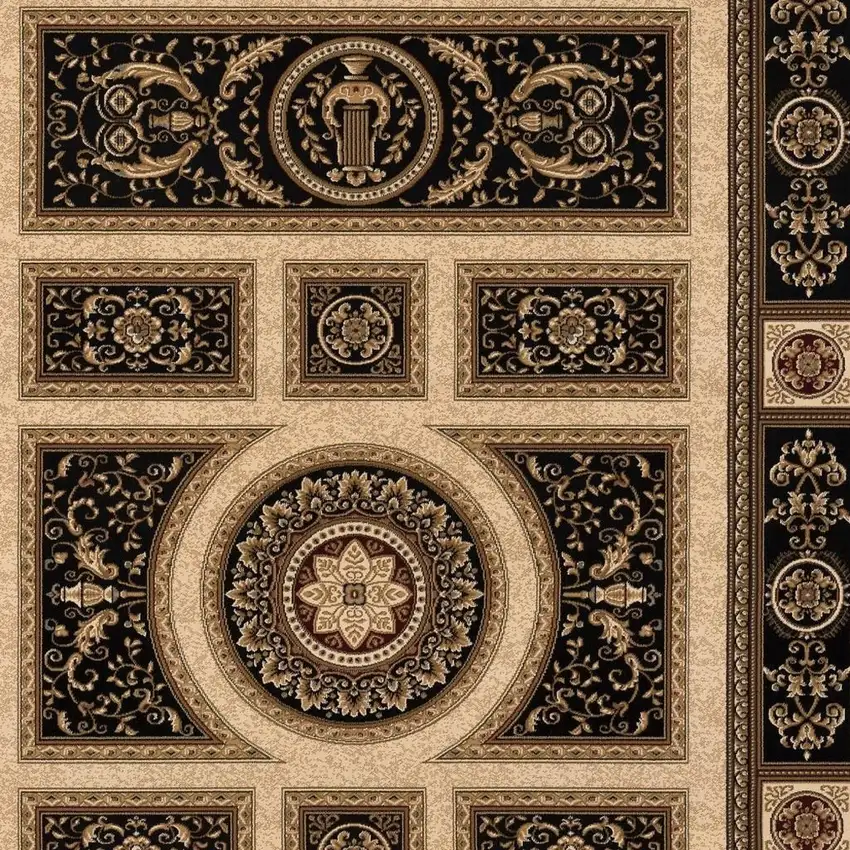 Beige and Black Oriental Power Loom Area Rug Photo 7