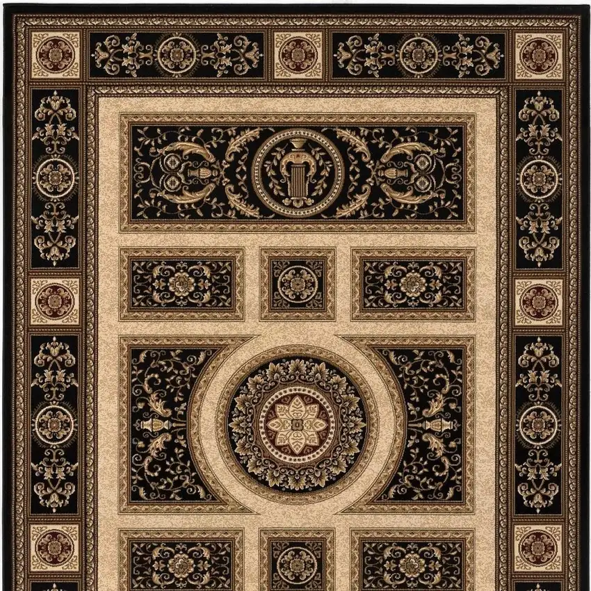 Beige and Black Oriental Power Loom Area Rug Photo 6