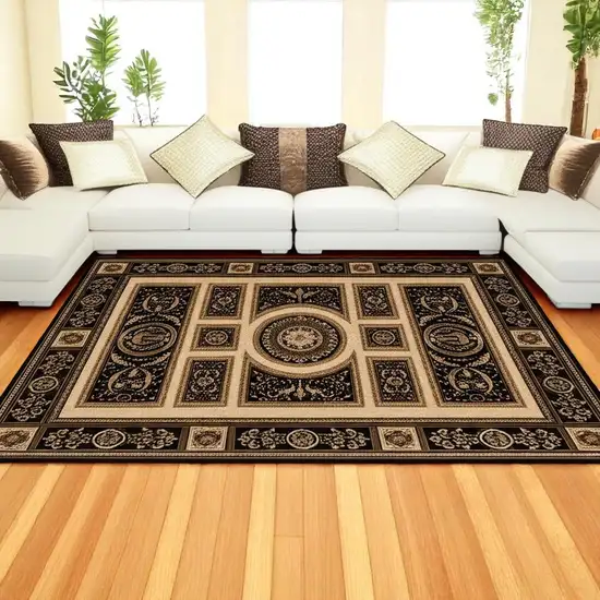 Beige and Black Oriental Power Loom Area Rug Photo 1