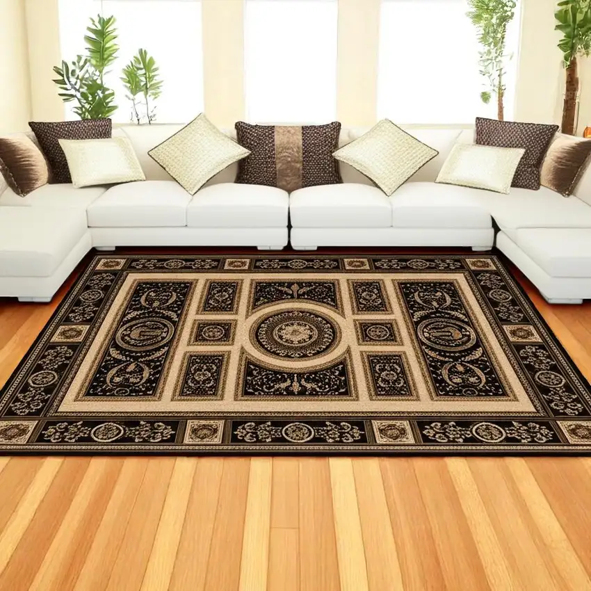 Beige and Black Oriental Power Loom Area Rug Photo 1