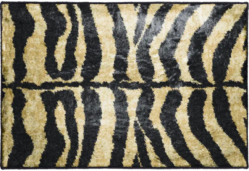 Black and Gold Animal Print Shag Handmade Non Skid Area Rug Photo 5