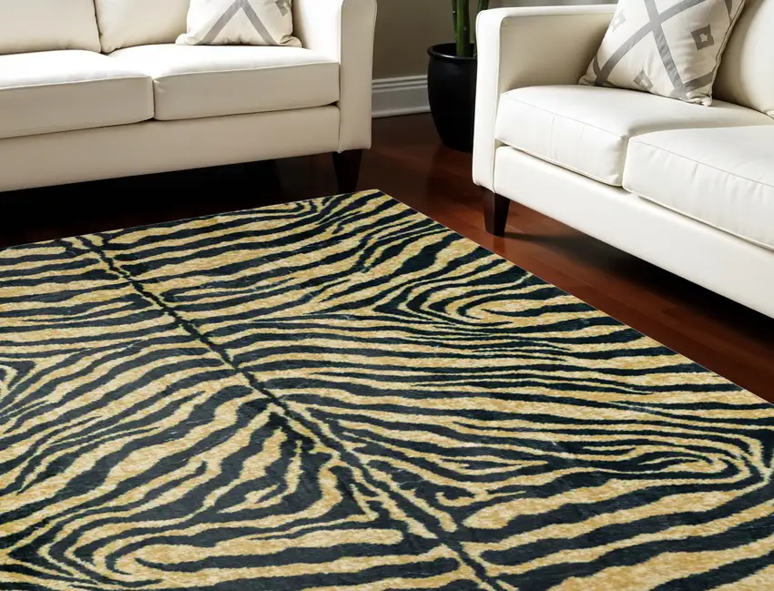 Black and Gold Animal Print Shag Handmade Non Skid Area Rug Photo 1