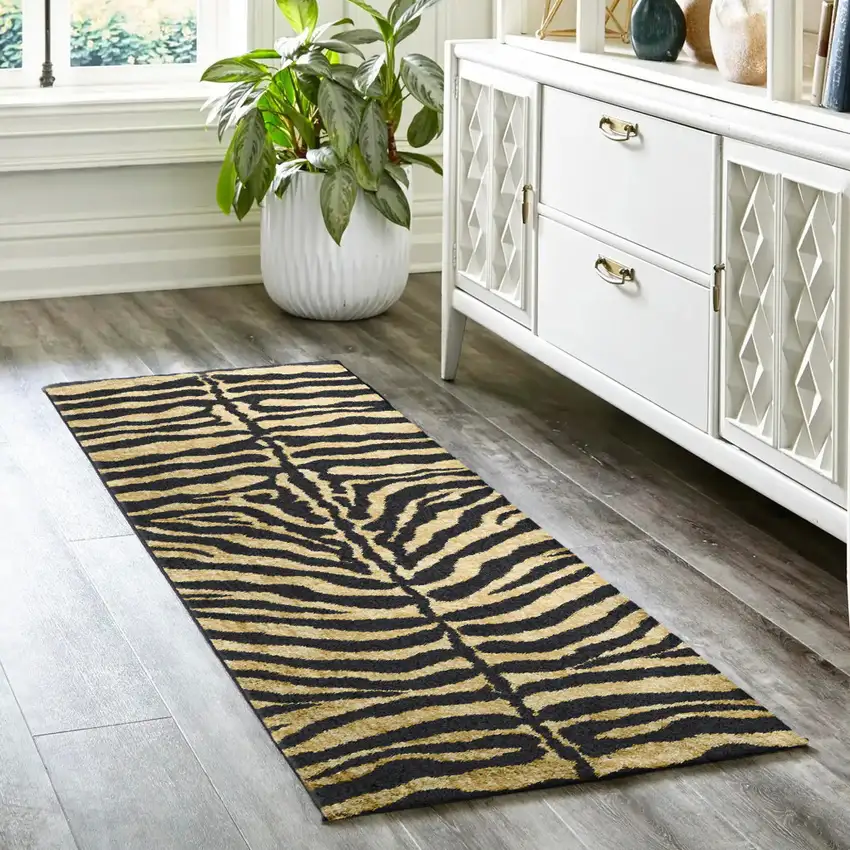 Black and Gold Animal Print Shag Handmade Non Skid Runner Rug Photo 1