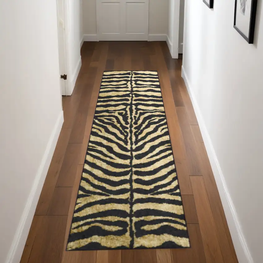 3' X 8' Black and Gold Animal Print Shag Handmade Non Skid Runner Rug Photo 1