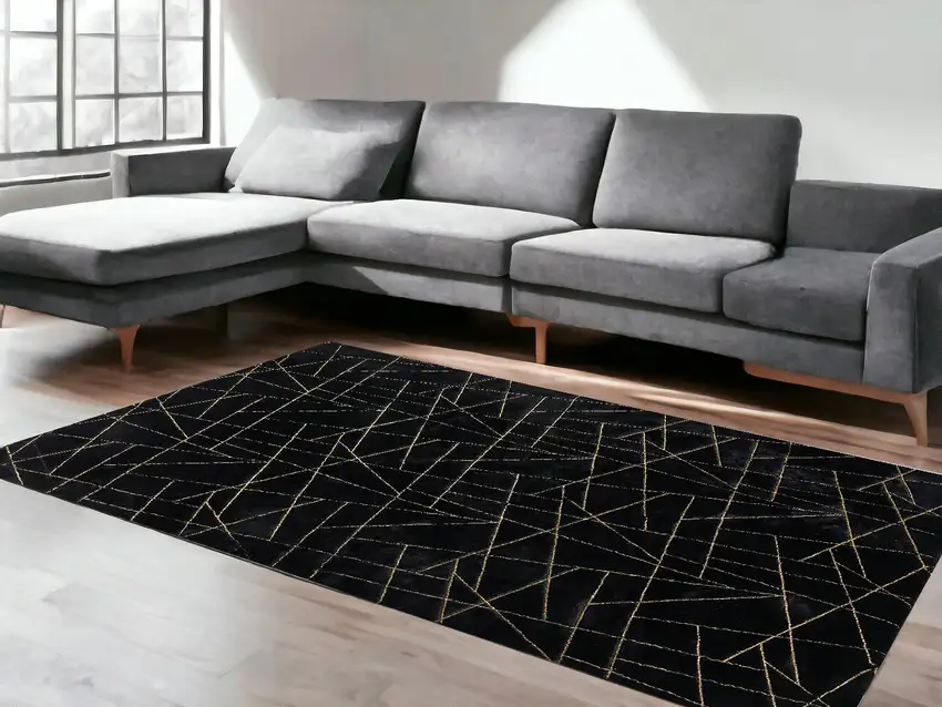 Black and Gold Faux Fur Abstract Shag Non Skid Area Rug Photo 2