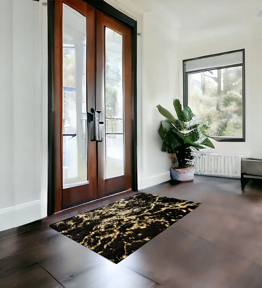 Black and Gold Faux Fur Abstract Shag Non Skid Area Rug Photo 1