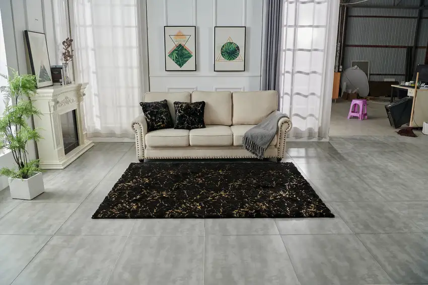 Black and Gold Faux Fur Abstract Shag Non Skid Area Rug Photo 7