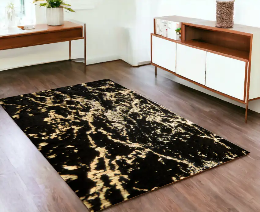Black and Gold Faux Fur Abstract Shag Non Skid Area Rug Photo 1
