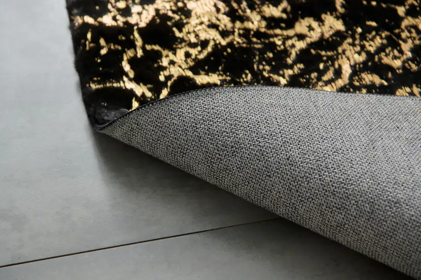 Black and Gold Faux Fur Abstract Shag Non Skid Area Rug Photo 5