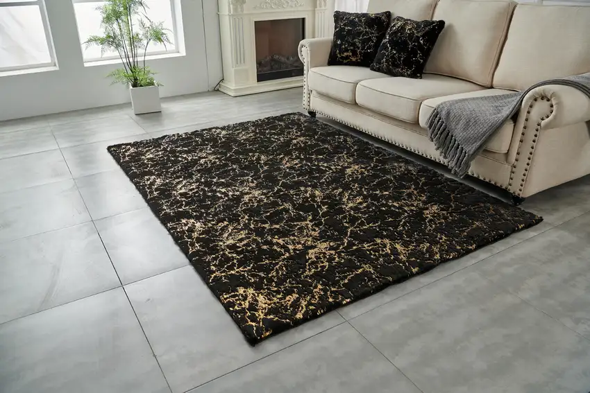 Black and Gold Faux Fur Abstract Shag Non Skid Area Rug Photo 7