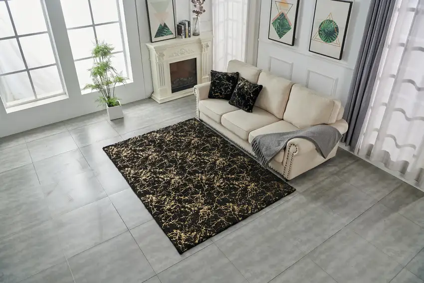 Black and Gold Faux Fur Abstract Shag Non Skid Area Rug Photo 9