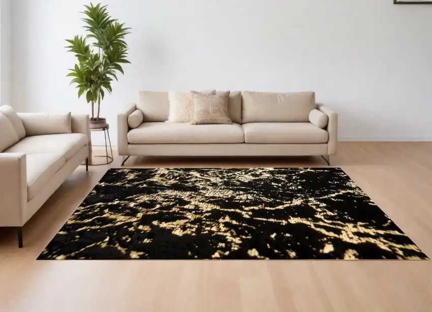 Black and Gold Faux Fur Abstract Shag Non Skid Area Rug Photo 1