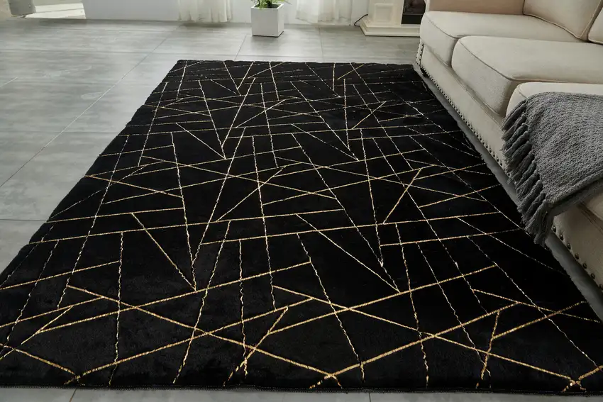 Black and Gold Faux Fur Abstract Shag Non Skid Area Rug Photo 8