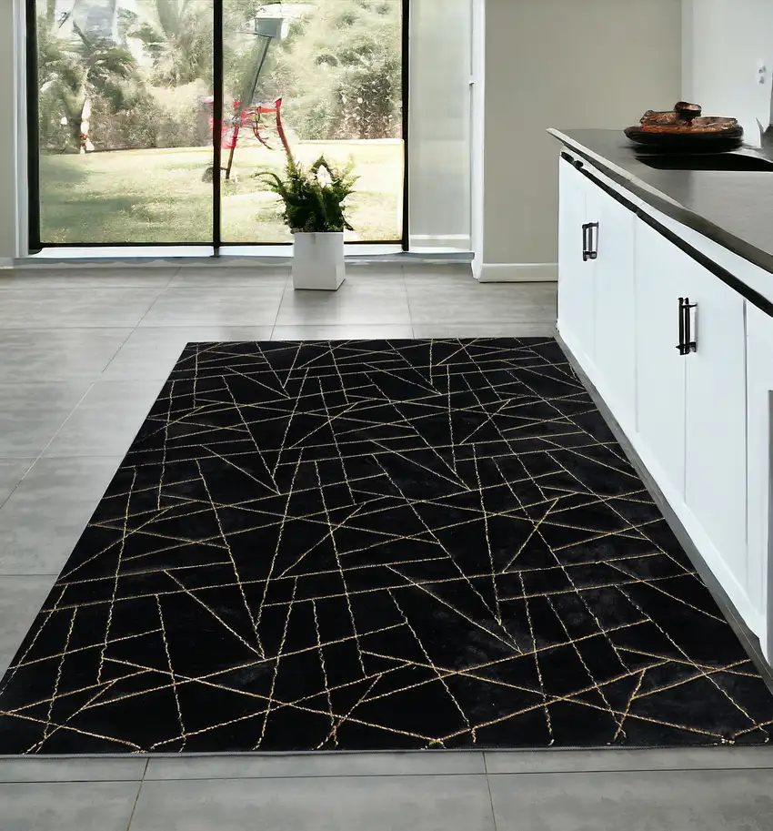 Black and Gold Faux Fur Abstract Shag Non Skid Area Rug Photo 1