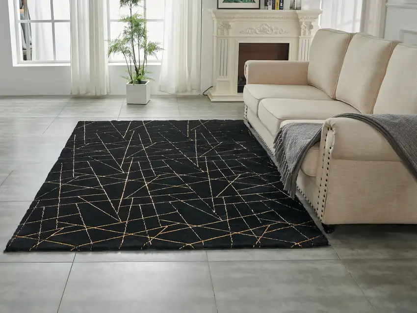 Black and Gold Faux Fur Abstract Shag Non Skid Area Rug Photo 6