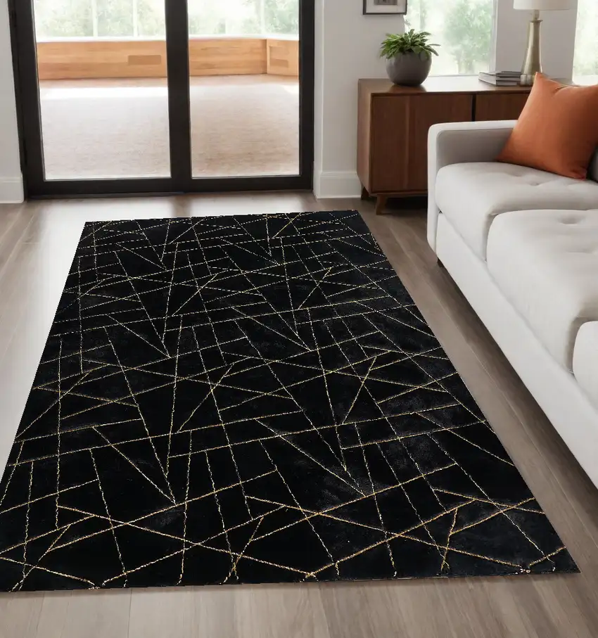 Black and Gold Faux Fur Abstract Shag Non Skid Area Rug Photo 2