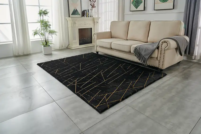Black and Gold Faux Fur Abstract Shag Non Skid Area Rug Photo 9