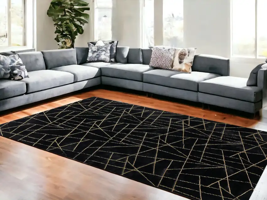 Black and Gold Faux Fur Abstract Shag Non Skid Area Rug Photo 1