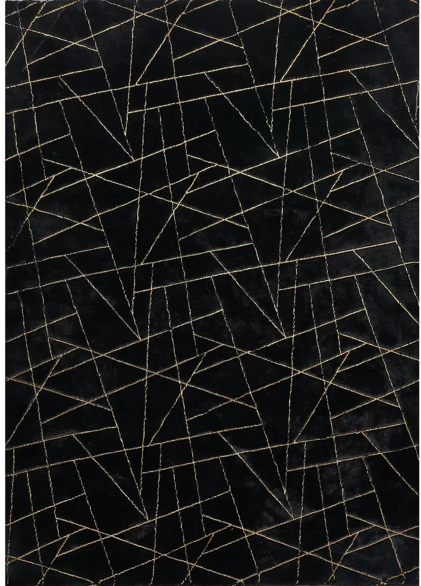 Black and Gold Faux Fur Abstract Shag Non Skid Area Rug Photo 2