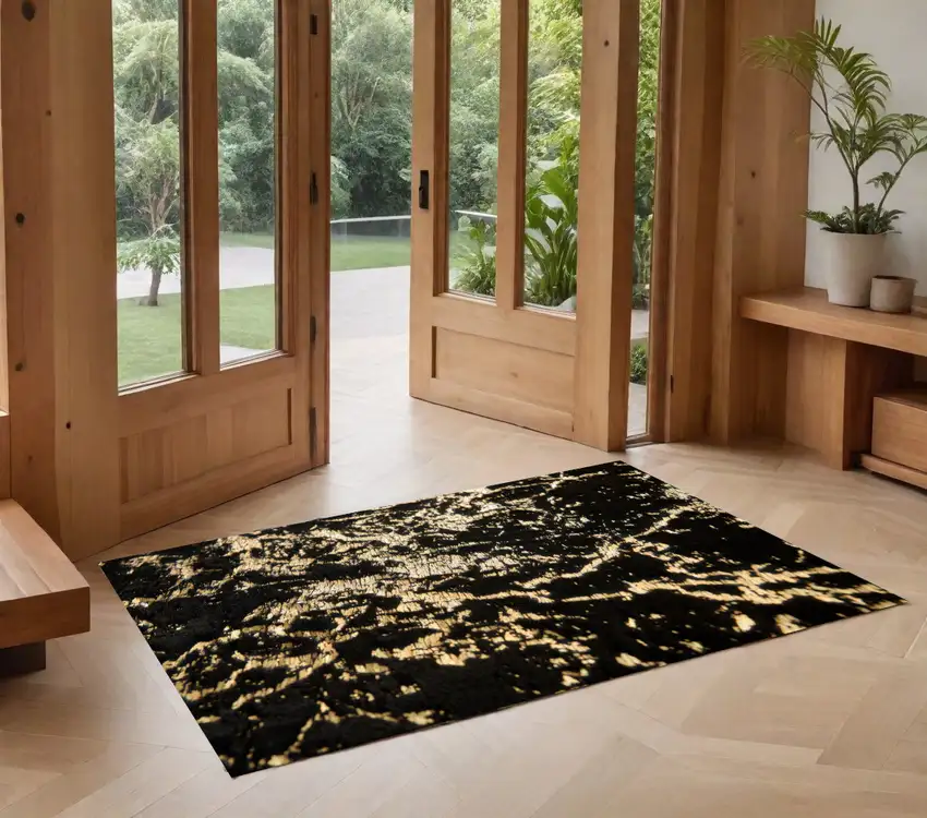 Black and Gold Faux Fur Abstract Washable Non Skid Area Rug Photo 1