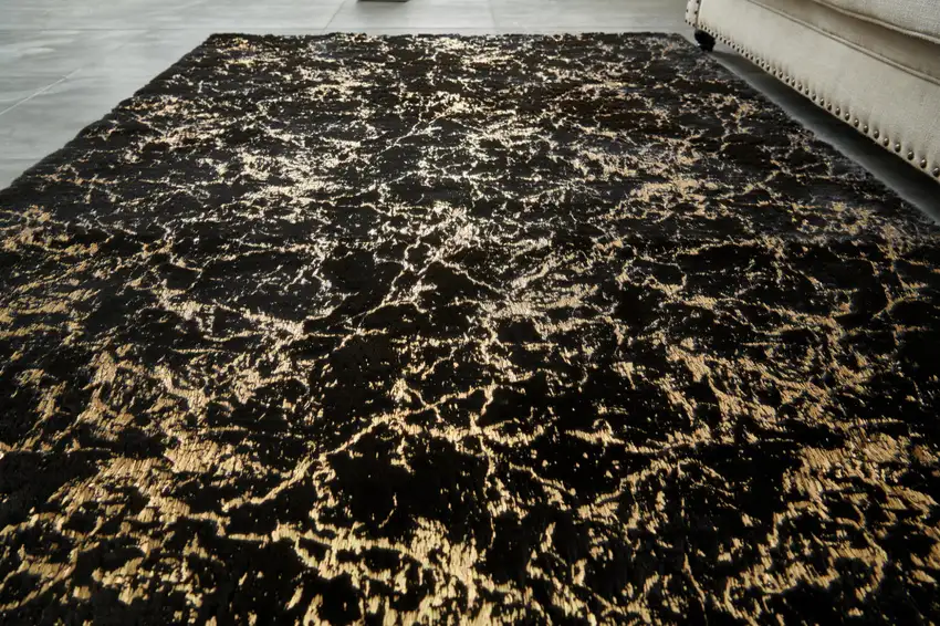 Black and Gold Faux Fur Abstract Washable Non Skid Area Rug Photo 7