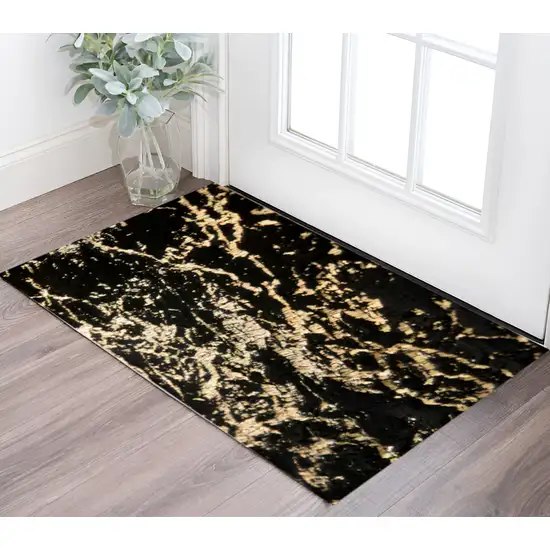 Black and Gold Faux Fur Abstract Washable Non Skid Area Rug Photo 1