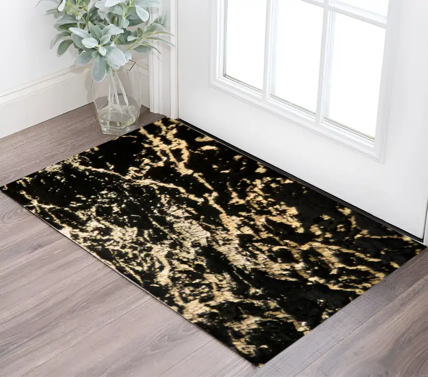 Black and Gold Faux Fur Abstract Washable Non Skid Area Rug Photo 1