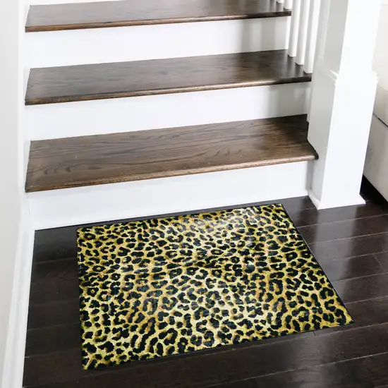 Black and Gold Leopard Print Shag Handmade Non Skid Area Rug Photo 1