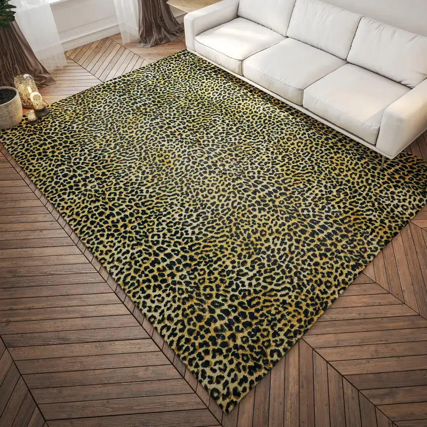Black and Gold Leopard Print Shag Handmade Non Skid Area Rug Photo 1