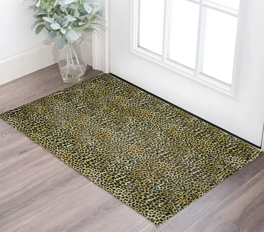 Black and Gold Leopard Print Shag Handmade Non Skid Area Rug Photo 1