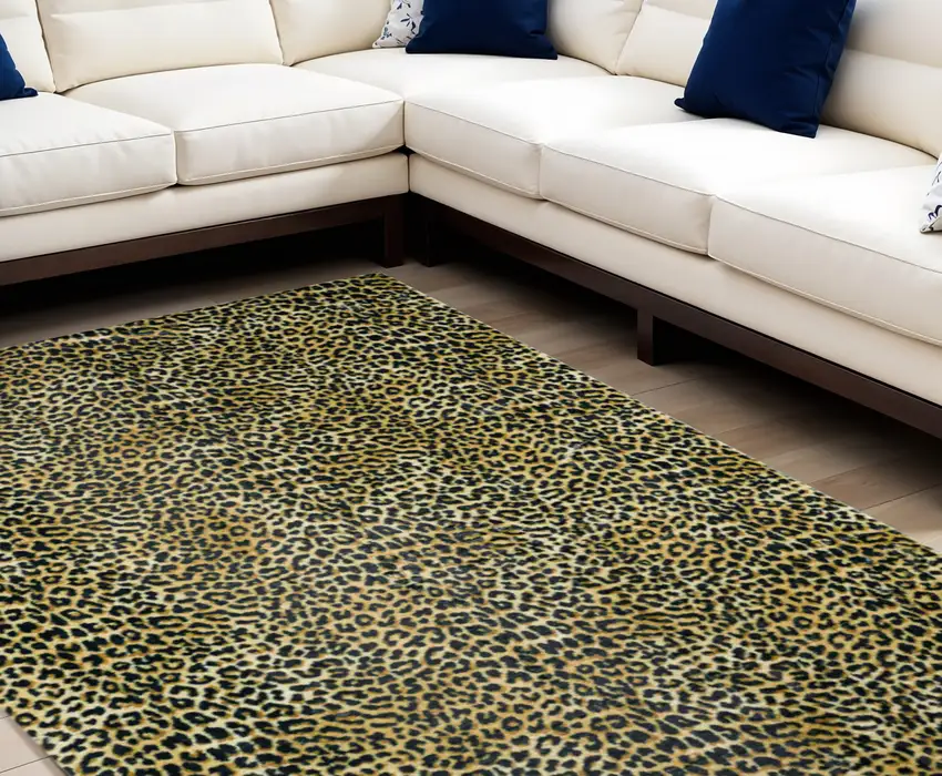 Black and Gold Leopard Print Shag Handmade Non Skid Area Rug Photo 1