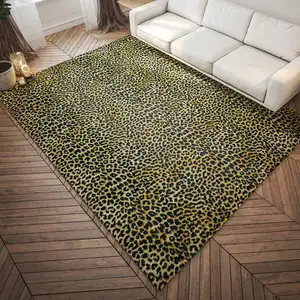 Photo of Black and Gold Leopard Print Shag Handmade Non Skid Area Rug
