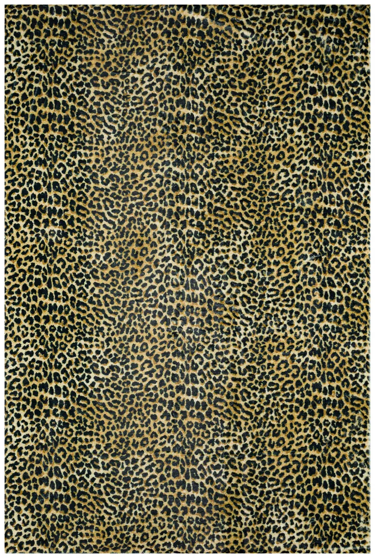 Black and Gold Leopard Print Shag Handmade Non Skid Runner Rug Photo 1