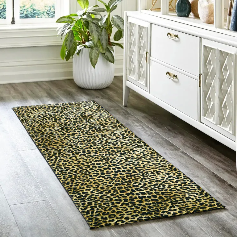 Black and Gold Leopard Print Shag Handmade Non Skid Runner Rug Photo 1